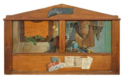 a wooden box with a picture of a cat inside of it