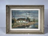 an oil painting of a farm scene with a pond in the foreground