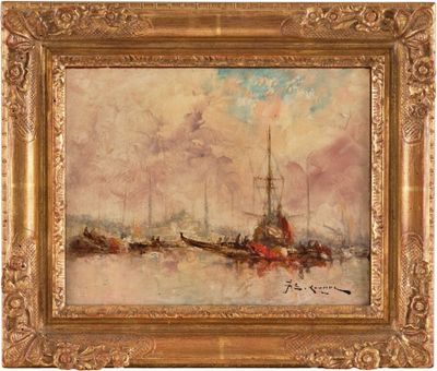l'image d'une peinture représentant un bateau dans un plan d'eau