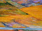 an oil painting of a landscape with mountains and a body of water