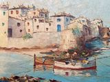 a painting of a boat in the water next to a building