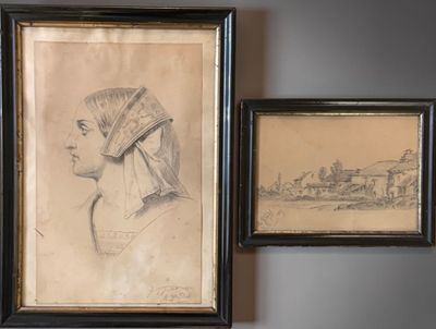 two framed drawings of a woman with a turban and a man with a turban