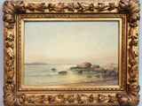 une peinture à l'huile représentant une scène de plage avec des rochers dans l'eau