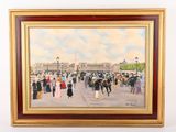 une peinture à l'huile représentant une foule de personnes marchant devant un immeuble