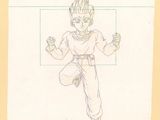 drawing of a man in a white shirt and pants with a dragon on his chest