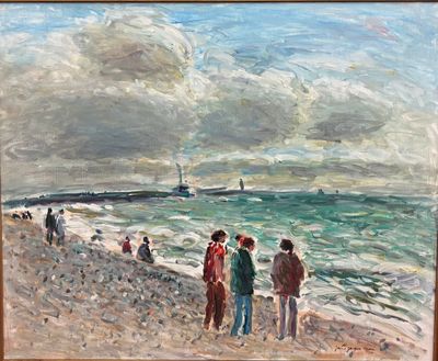 tableau représentant des personnes sur la plage, le regard tourné vers l'océan