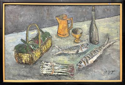 a painting of fish and other items on a table