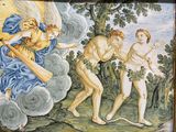 une peinture sur le mur d'un immeuble représentant des anges et des démons