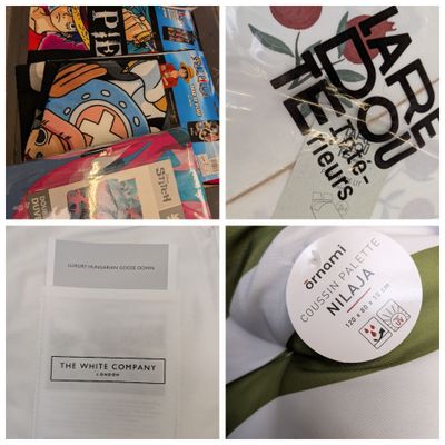 plusieurs photos d'objets divers, parmi lesquels un sac de nourriture et une bouteille d'eau