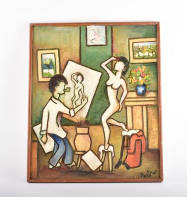 un tableau accroché au mur d'une pièce, représentant un homme et une femme