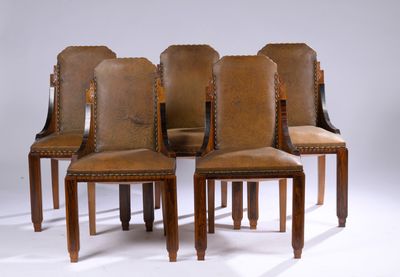 set of six antique leather dining chairs with turned legs