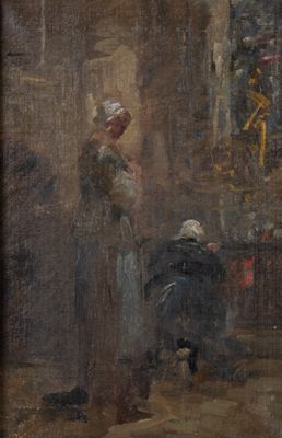 tableau représentant une femme et un homme dans une église, en compagnie d'un chien
