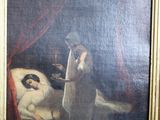 une image représentant un tableau où l'on voit une femme dans un lit avec un chat