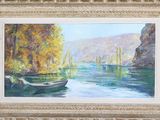 an oil painting of a boat on a river with trees in the background