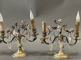 pair of antique brass candelabs with crystals and flowers