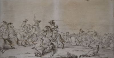 un dessin représentant un homme à cheval devant un groupe de personnes
