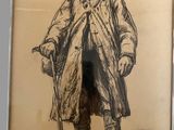painting of a man in a trench coat and hat holding a cane