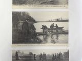 three black and white photographs of people in boats on a river