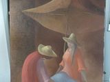 un tableau représentant une femme et un homme assis sous un parapluie