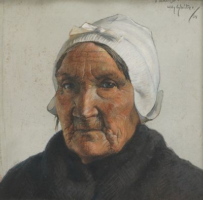 painting of an old woman with a white turban on her head