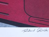 a picture of a red car with a black stripe on it