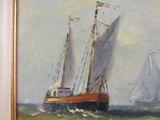 a painting of a boat in the water with other boats in the background