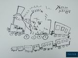 dessin humoristique représentant un train avec un homme et un chien à bord