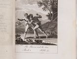 an old book with a picture of a man and a dog