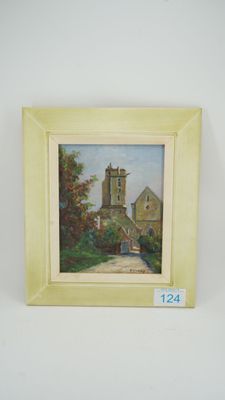 E Musey "Église de Panville dans le Calvados" huile sur pann…