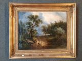 an oil painting of a landscape with trees and a river