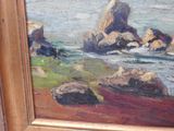 a picture of a painting of some rocks in the water