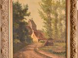 an oil painting of a country road with a house in the background