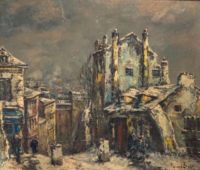 une peinture à l'huile représentant une rue enneigée avec des bâtiments et des passants