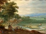 peinture représentant un paysage avec une rivière et un village au loin