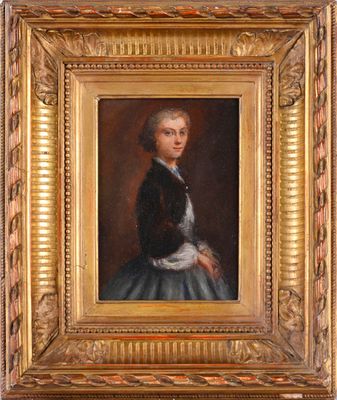 a painting of a young boy in a blue dress in a gold frame