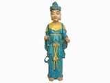 figurine chinoise représentant un homme vêtu d'une robe bleue et coiffé d'un chapeau