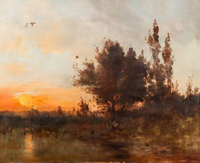 une image d'un tableau représentant un coucher de soleil sur une étendue d'eau