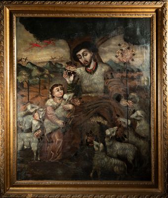 un vieux tableau représentant un homme avec un enfant et des moutons dans un champ