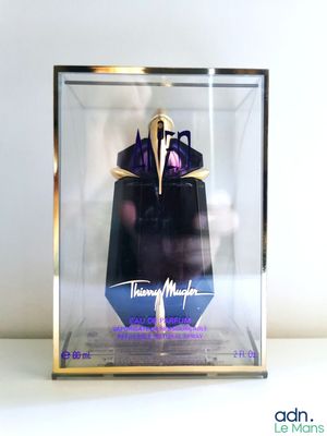 une vitrine en verre contenant une figurine violette et noire