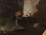 painting of a man carrying a basket on his head in a rocky landscape
