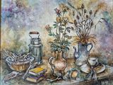 une peinture représentant une nature morte avec des fleurs dans des vases