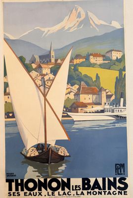 a poster of a sailboat on the water with a mountain in the background