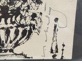 a black and white drawing of a vase with flowers in it
