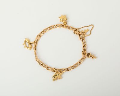 a gold bracelet with charms and charms on a white background