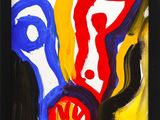 framed picture of abstract painting of a woman ' s face in red, yellow, blue, and black