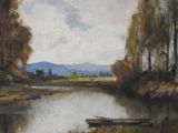a painting of a river with a boat in it