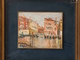 a painting of a canal scene with buildings and boats in the water