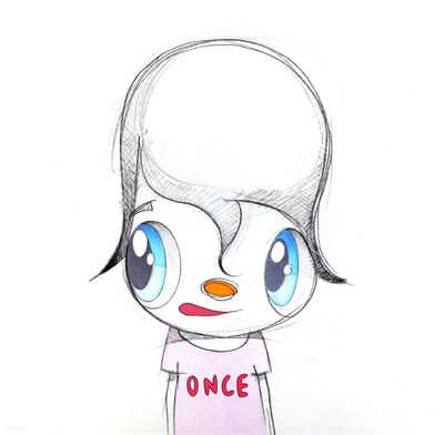 dessin de bande dessinée représentant une fille vêtue d'un t-shirt rose, aux yeux bleus, sur lequel est inscrit le mot « once »
