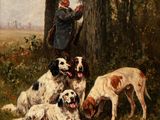 une image représentant un tableau où l'on voit un homme et des chiens dans un environnement boisé