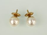 une paire de boucles d'oreilles en perles et en or posées sur un fond blanc